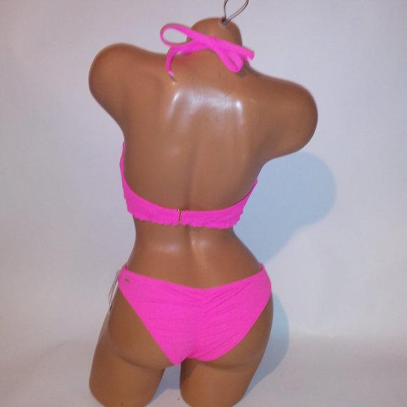 Victoria Secret Swim Bikini 36D Top Medium Bottom Solid Neon Pink Ruffle Trim - Picture 5 of 12